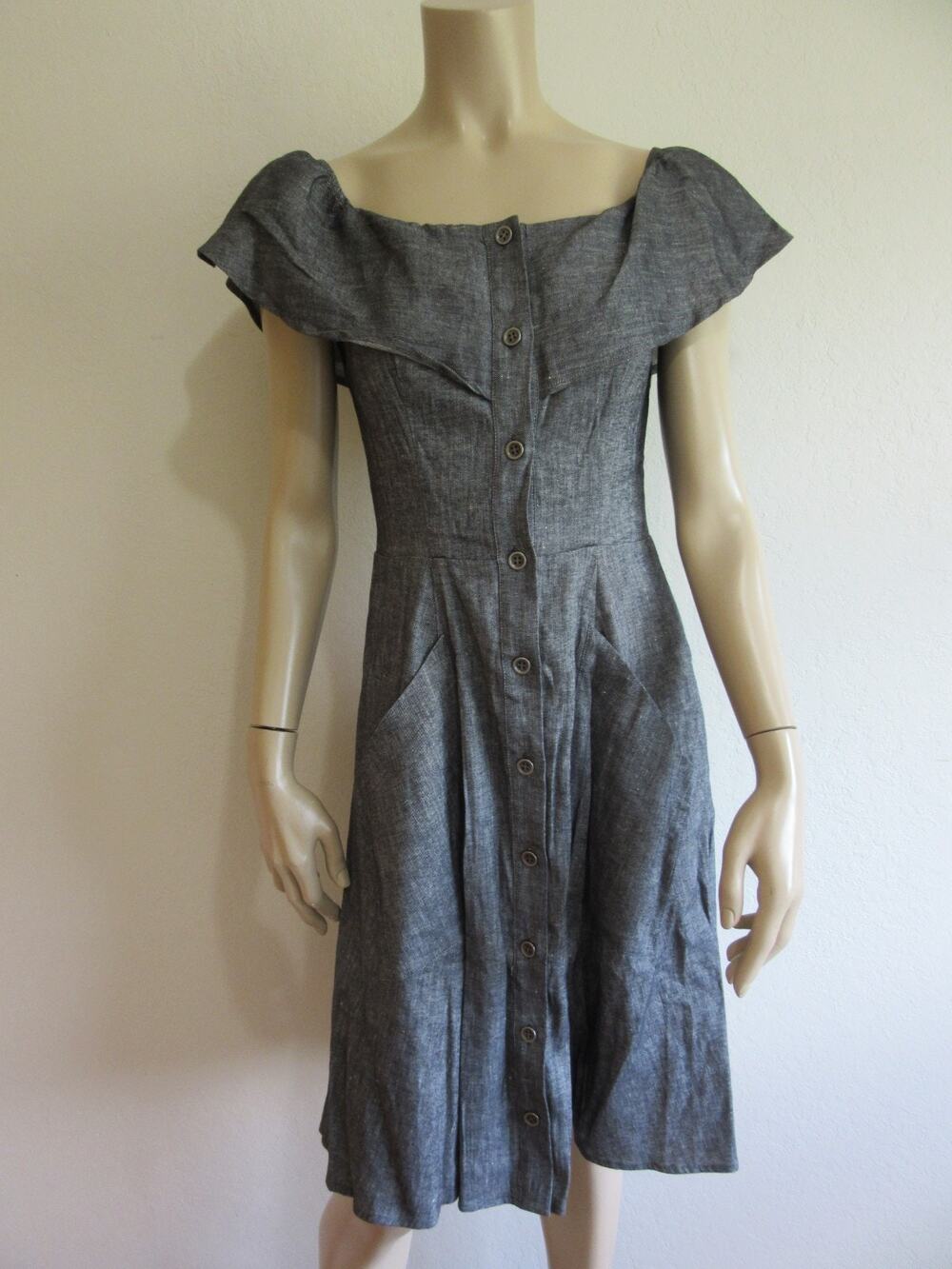 ALTON GRAY Off the Shoulder 4 Grey Chambray Button Closure Pockets Dress-JB1